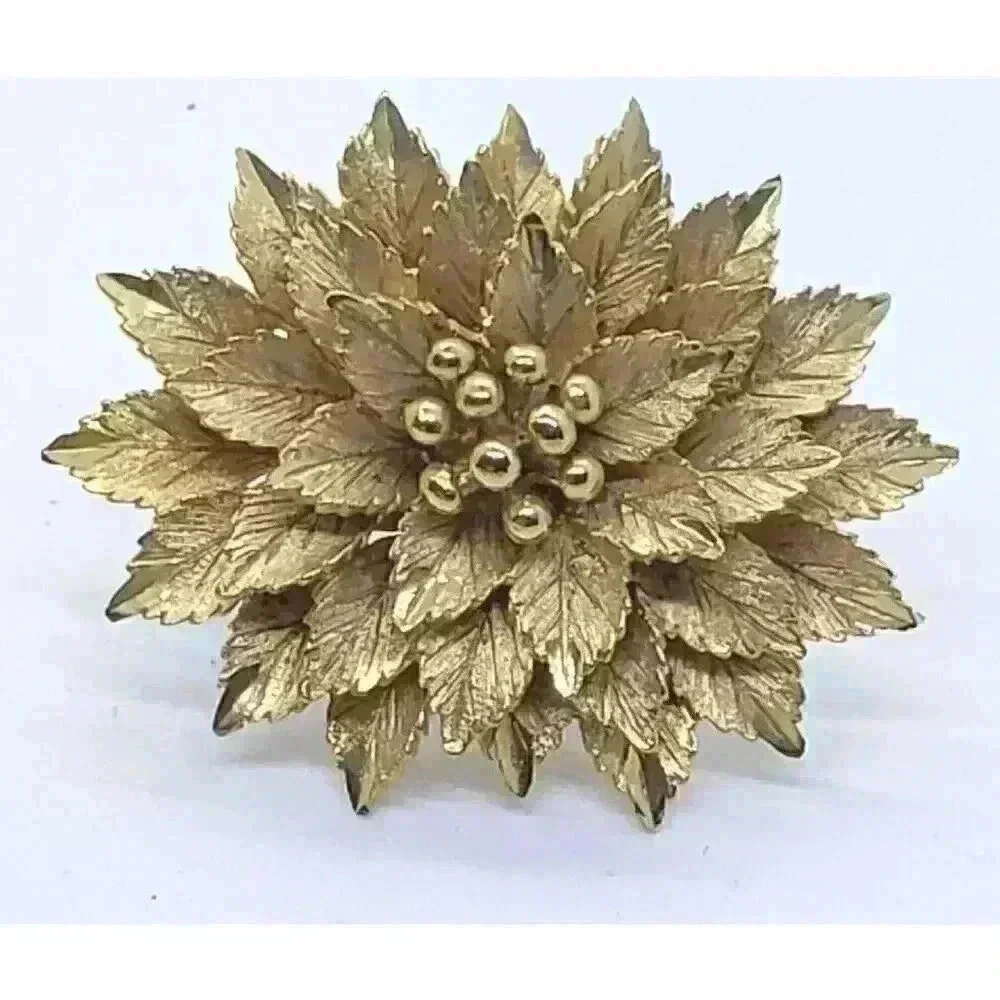 Vintage Coro Gold Brooch Flower Realistic Dimensional Textured Big RARE